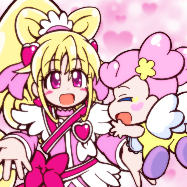 2girls ai-chan_(dokidoki!_precure) aida_mana arm_warmers baby blonde_hair bow choker closed_eyes cure_heart curly_hair dokidoki!_precure earrings guardias half_updo jewelry long_hair magical_girl multiple_girls outstretched_hand pink_eyes pink_hair precure ribbon short_hair smile wings