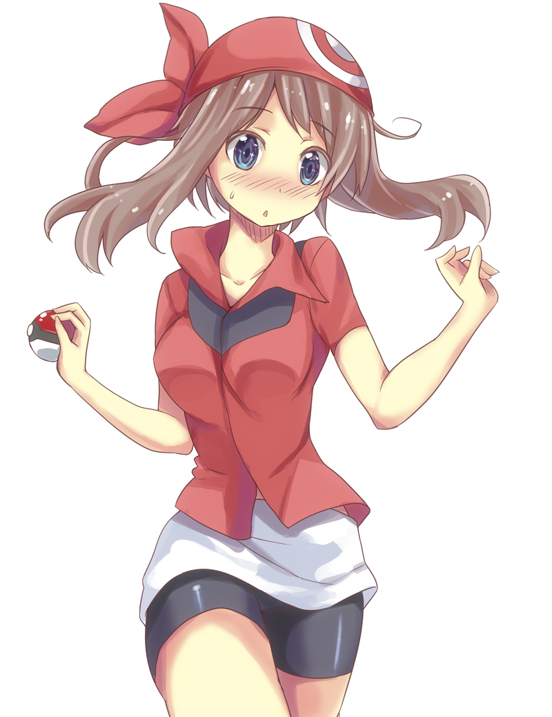 1girl bandana bike_shorts black_bike_shorts blue_eyes blush brown_hair gloves haruka_(pokemon) hat open_mouth poke_ball pokemon pokemon_(game) pokemon_rse short_hair snowcanvas sweat triangle_mouth