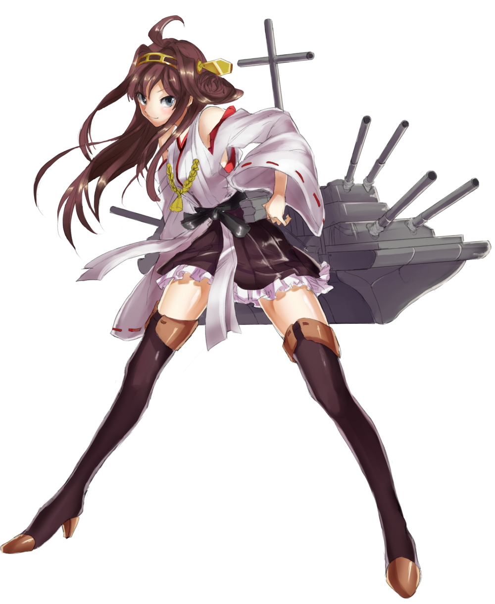 1girl ahoge bare_shoulders black_legwear blush boots brown_hair cannon detached_sleeves double_bun grey_eyes hair_ornament hairband headgear highres japanese_clothes kantai_collection knee_boots kongou_(kantai_collection) long_hair nontraditional_miko personification skirt smile solo thigh_boots thighhighs turret