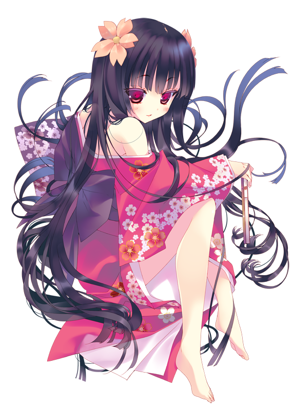 1girl arikawa_satoru bangs bare_legs bare_shoulders barefoot black_hair blunt_bangs blush flower hair_flower hair_ornament hime_cut japanese_clothes kimono long_hair off_shoulder open_mouth original red_eyes smile solo very_long_hair wide_sleeves