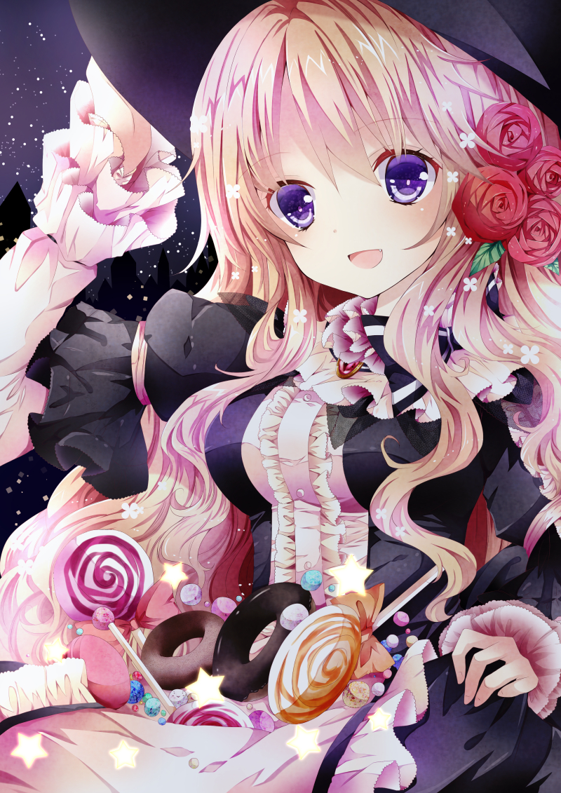 1girl blonde_hair candy doughnut flower forest gothic_lolita hair_flower hair_ornament hand_on_hat hat lolita_fashion lollipop long_hair nanase_nao nature night open_mouth original short_over_long_sleeves sky smile solo star_(sky) starry_sky violet_eyes