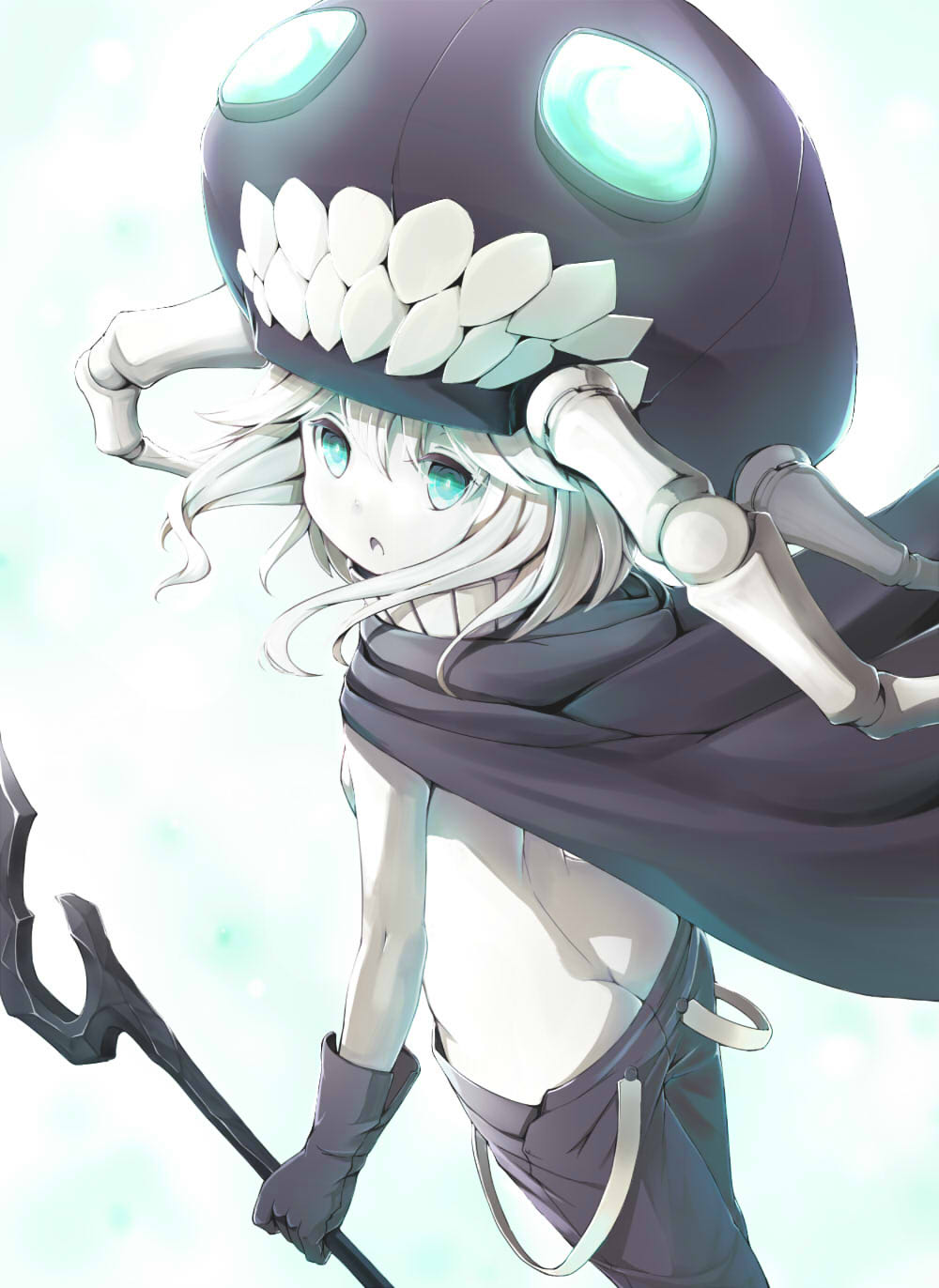 1girl blue_eyes bodysuit butt_crack cape gloves glowing glowing_eyes green_eyes hat highres holding kantai_collection looking_at_viewer looking_over_shoulder mafu9 monster open_mouth pale_skin pants personification shinkaisei-kan solo staff teeth white_hair wo-class_aircraft_carrier