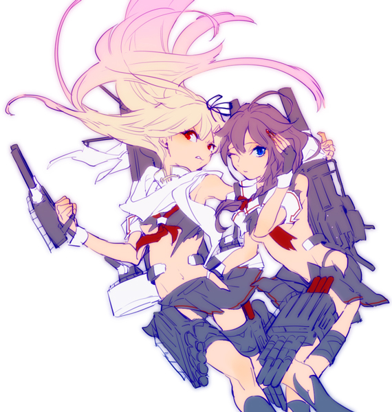 2girls black_panties blonde_hair blue_eyes cannon gradient_hair hair_ornament hairclip kantai_collection long_hair looking_at_viewer multicolored_hair multiple_girls navel one_eye_closed panties pink_hair quender red_eyes remodel_(kantai_collection) shigure_(kancolle) torn_clothes underwear white_panties yuudachi_(kancolle)