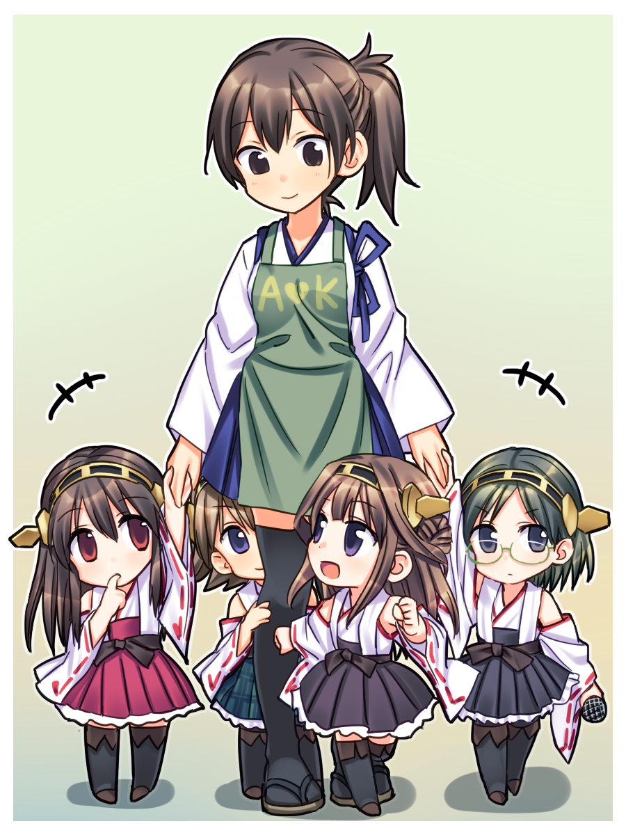 5girls bare_shoulders black_hair blue_eyes brown_eyes brown_hair chibi detached_sleeves glasses hairband haruna_(kantai_collection) hiei_(kantai_collection) highres japanese_clothes kaga_(kantai_collection) kantai_collection kirishima_(kantai_collection) kongou_(kantai_collection) multiple_girls nontraditional_miko open_mouth personification red_eyes ribbon_trim siblings side_ponytail sisters thighhighs wide_sleeves younger yuuki_keisuke