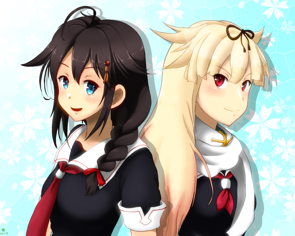 2girls ahoge bangs black_hair blonde_hair blue_eyes blunt_bangs bow braid bust hair_bow hinagatu kantai_collection multiple_girls red_eyes school_uniform serafuku shigure_(kantai_collection) single_braid smile yuudachi_(kantai_collection)