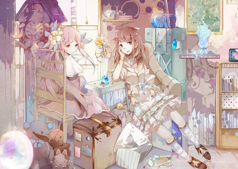 2girls armchair book bookshelf bracelet brown_hair chair chin_rest cuckoo_clock dress fish fishbowl flower hair_flower hair_ornament jewelry left_mouse long_hair multiple_girls original painting_(object) pink_hair red_eyes rose smile stuffed_animal stuffed_toy twintails vase