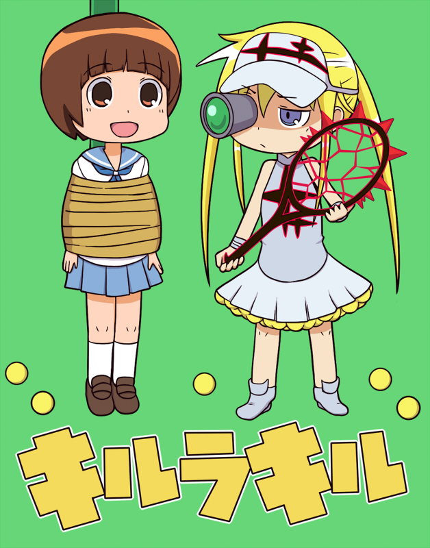 2girls ball bowl_cut brown_hair chibi crossover fuupo hakodate_omiko hakodate_omiko_(cosplay) kill_la_kill kill_me_baby mankanshoku_mako mankanshoku_mako_(cosplay) multiple_girls oribe_yasuna parody racket school_uniform scope serafuku skirt smile sonya_(kill_me_baby) tennis_ball tennis_dress tennis_racket tied_up twintails visor_cap