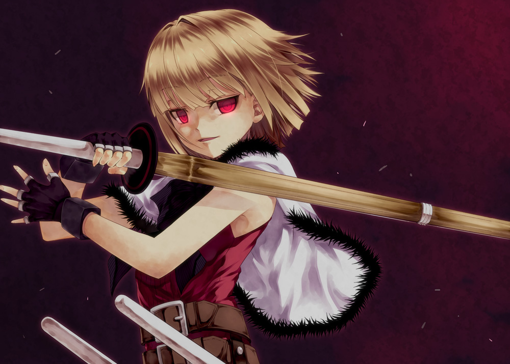 1girl belt blonde_hair capelet fingerless_gloves fur_trim gloves glowing glowing_eyes kouji_(campus_life) narukami_koharu open_mouth red_eyes ringed_eyes shinai shinakoi short_hair solo sword weapon