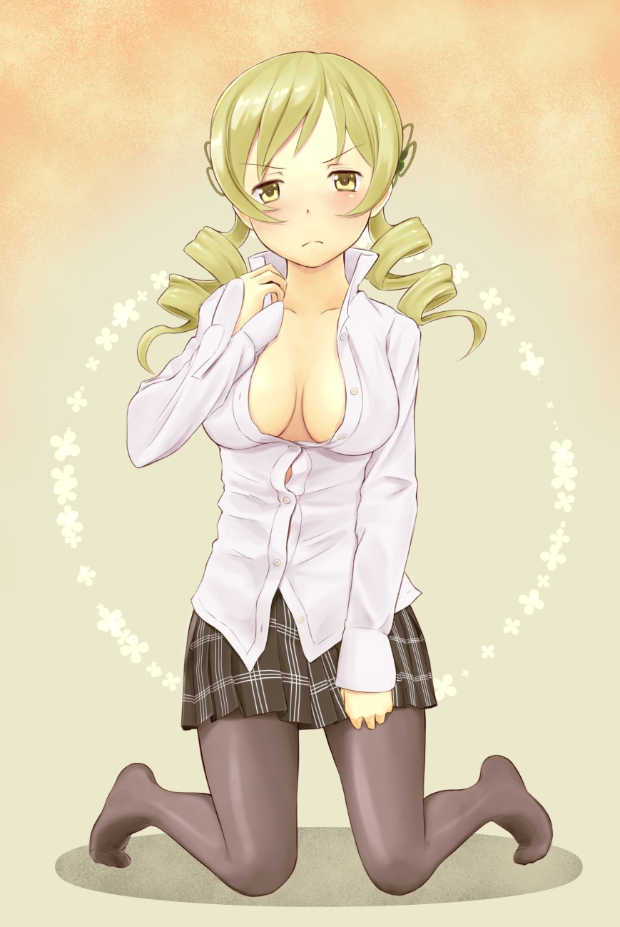 1girl black_legwear blonde_hair blush breasts cleavage dress_shirt drill_hair hair_ornament highres large_breasts looking_at_viewer mahou_shoujo_madoka_magica pantyhose plaid plaid_skirt shirt skirt tomoe_mami twin_drills wa_(genryusui) yellow_eyes