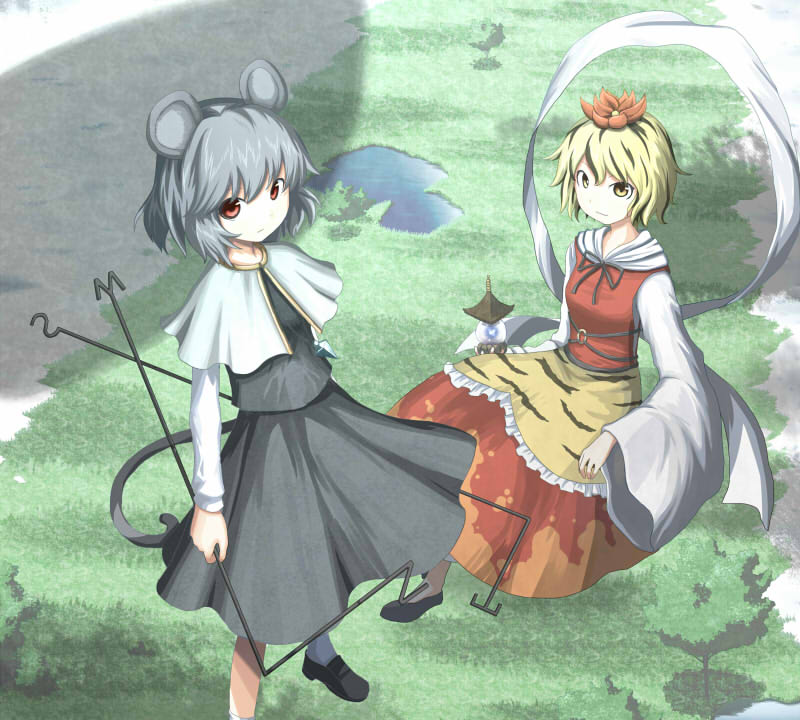 2girls animal_ears bishamonten's_pagoda capelet daitai dowsing_rod expressionless flying from_above grass grey_hair hagoromo hair_ornament jewelry lake layered_dress long_sleeves looking_at_viewer mouse_ears mouse_tail multicolored_hair multiple_girls nazrin outdoors pendant red_eyes shadow shawl skirt skirt_set tail tiger_print toramaru_shou touhou tree two-tone_hair wide_sleeves yellow_eyes