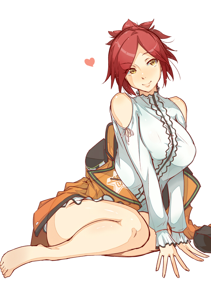 1girl arm_support azanami_(pso2) bare_shoulders barefoot blush breasts heart jacket large_breasts phantasy_star phantasy_star_online_2 redhead short_hair simple_background sitting smile solo tokiwa_mmm v_arms white_background yellow_eyes