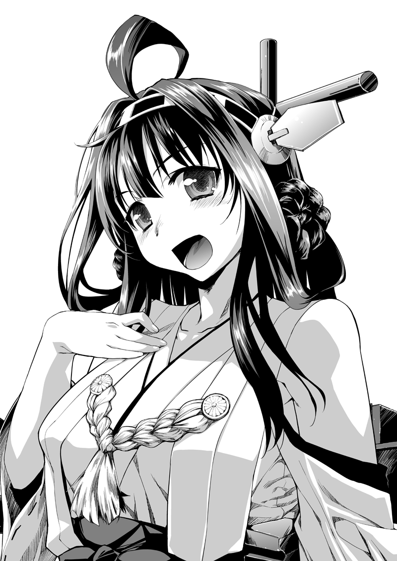 1girl bare_shoulders blush detached_sleeves double_bun hair_ornament hairband headgear japanese_clothes kantai_collection kongou_(kantai_collection) long_hair miko monochrome open_mouth personification portrait smile solo yamaguchi_homupe