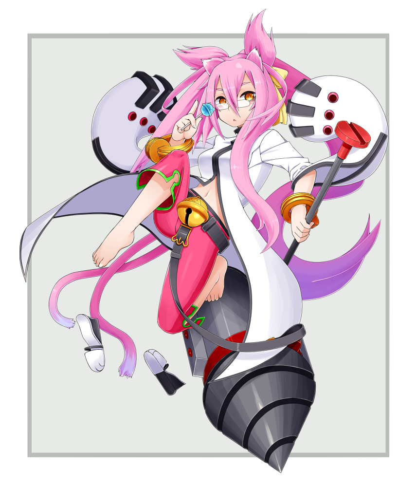 1girl animal_ears blazblue candy cat_ears coat kokonoe kuroshiro_(ms-2420) lollipop multiple_tails pink_hair solo tail