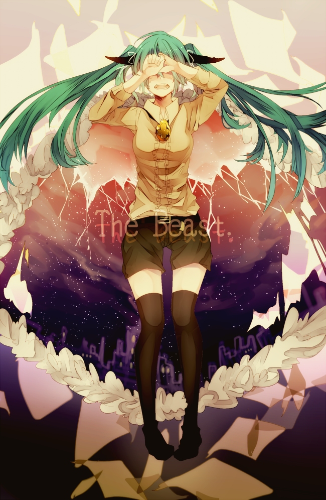 1girl cape copyright_name covering_eyes floating_hair green_hair haku_(aoray) hatsune_miku long_hair open_mouth shorts solo the_beast_(vocaloid) thighhighs twintails vocaloid