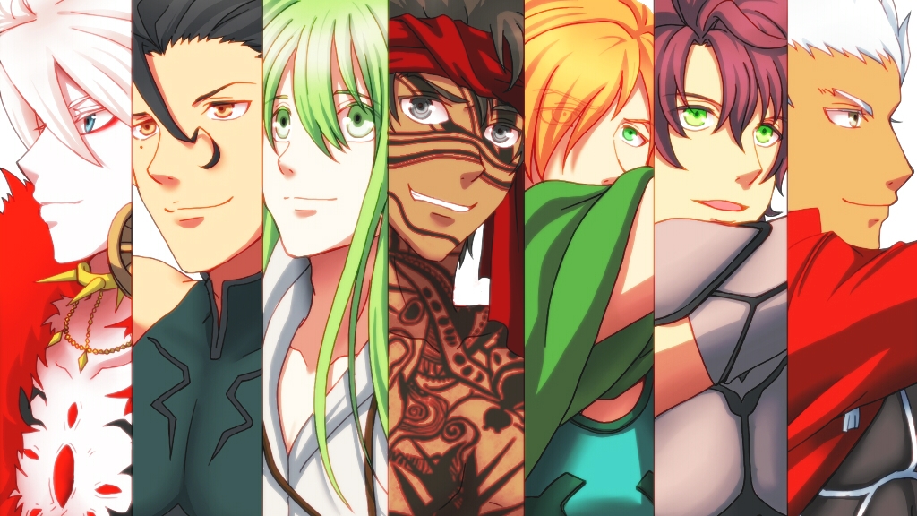 6+boys archer archer_(fate/extra) archer_of_black avenger black_eyes black_hair blonde_hair enkidu_(fate/strange_fake) fate/apocrypha fate/extra fate/hollow_ataraxia fate/stay_night fate/strange_fake fate/zero fate_(series) green_eyes green_hair lancer_(fate/zero) lancer_of_red long_hair mikecat multiple_boys parody redhead uta_no_prince-sama white_hair yellow_eyes