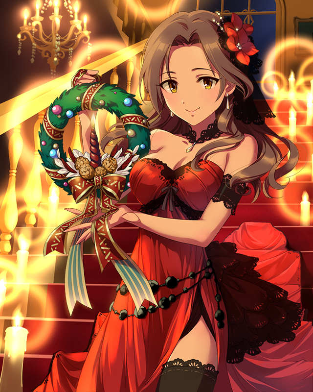 1girl bow brown_eyes brown_hair candle christmas christmas_ornaments dress earrings flower hair_flower hair_ornament idolmaster idolmaster_cinderella_girls indoors jewelry jpeg_artifacts kawashima_mizuki light_smile long_hair looking_at_viewer official_art railing red_dress ribbon solo stairs thighhighs window wreath