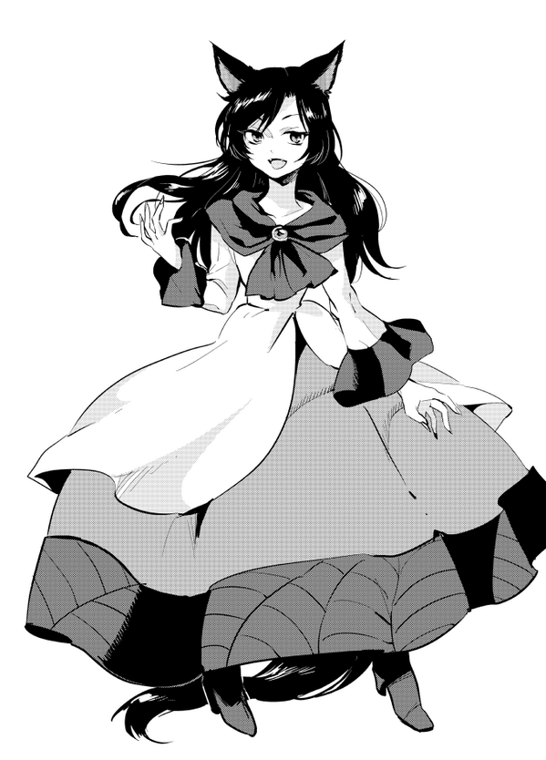 1girl animal_ears brooch imaizumi_kagerou jewelry long_hair long_sleeves looking_at_viewer monochrome open_mouth shinoasa shirt skirt smile solo tail touhou wide_sleeves wolf_ears wolf_tail