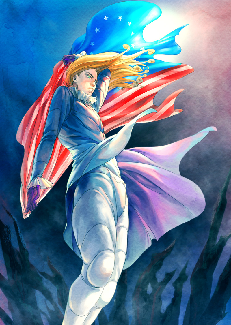 1boy american_flag blonde_hair blue_eyes changye curly_hair funny_valentine jojo_no_kimyou_na_bouken long_hair solo steel_ball_run traditional_media watercolor_(medium)