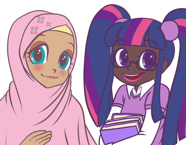 2girls blue_eyes blush book dark_skin fluttershy glasses hijab humanization junk_(junko-tan) lips looking_at_viewer multicolored_hair multiple_girls my_little_pony my_little_pony_friendship_is_magic open_mouth personification pink_hair purple_hair simple_background smile twilight_sparkle twintails violet_eyes white_background