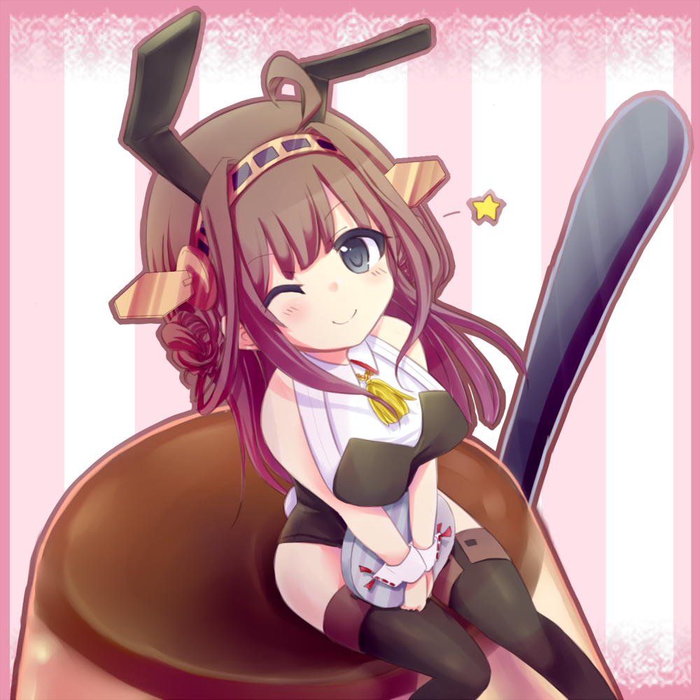 1girl ;) animal_ears black_eyes black_legwear boots bowtie breasts brown_hair bunny_tail bunnysuit double_bun fake_animal_ears hairband headgear kantai_collection kongou_(kantai_collection) leotard long_hair looking_up personification rabbit_ears sitting solo tail thigh-highs thigh_boots tray wink wrist_cuffs