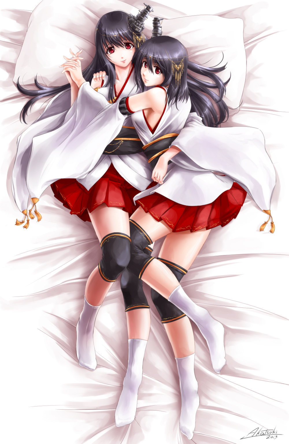 2girls akatsuki_matsumoto black_hair breast_press detached_sleeves fusou_(kantai_collection) highres interlocked_fingers japanese_clothes kantai_collection long_hair long_sleeves looking_at_viewer multiple_girls on_bed personification pillow pleated_skirt red_eyes skirt smile symmetrical_docking wide_sleeves yamashiro_(kantai_collection)