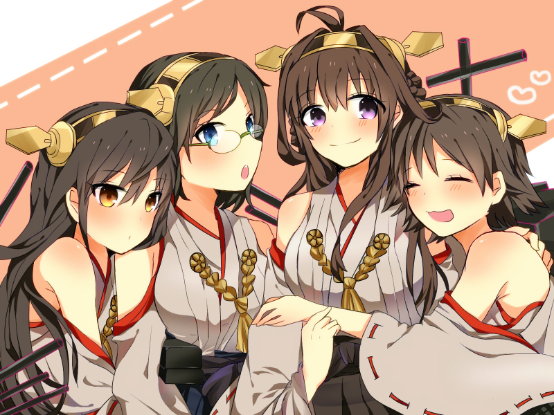 4girls ahoge bare_shoulders blue_eyes blush breasts brown_eyes brown_hair closed_eyes detached_sleeves double_bun glasses hair_ornament hairband haruna_(kantai_collection) headgear hiei_(kantai_collection) japanese_clothes kantai_collection kirishima_(kantai_collection) knight07 kongou_(kantai_collection) long_hair multiple_girls nontraditional_miko open_mouth personification short_hair skirt smile yellow_eyes