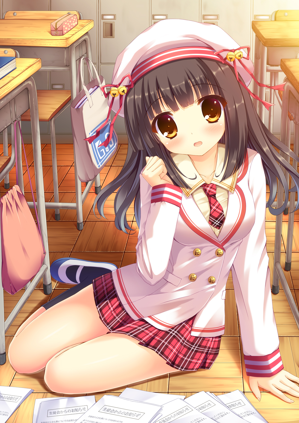 1girl bag blush brown_hair chair classroom hay highres locker long_hair long_sleeves necktie pencil_case plaid plaid_skirt school_uniform sitting skirt sweater_vest table taiki_ken translated yellow_eyes yokozuwari