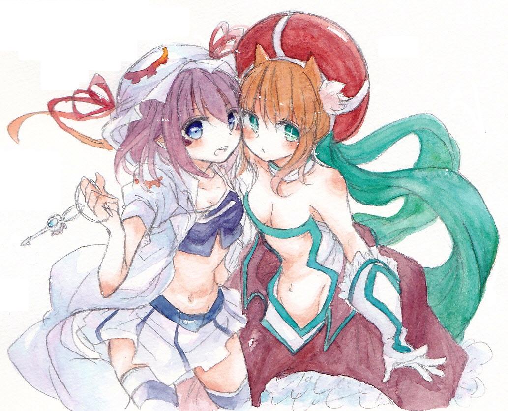 2girls animal_ears blue_eyes breasts character_request cheek-to-cheek cleavage crop_top facial_mark fina_(sa47rin5) gloves green_eyes hat key looking_at_viewer merry_nightmare midriff multiple_girls navel open_mouth purple_hair ribbon short_hair simple_background skirt striped striped_legwear thigh-highs traditional_media white_background yumekui_merry