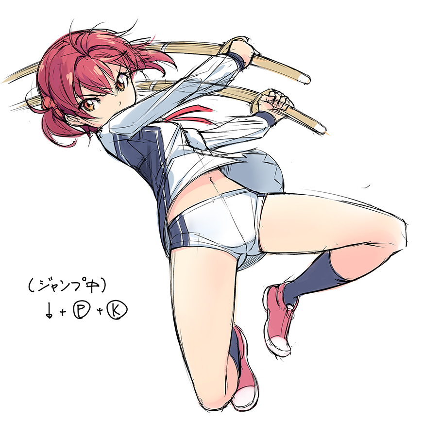 1girl brown_hair dual_wielding isshiki_akane michairu navel orange_eyes school_uniform serafuku shinai short_shorts shorts sword vividred_operation weapon