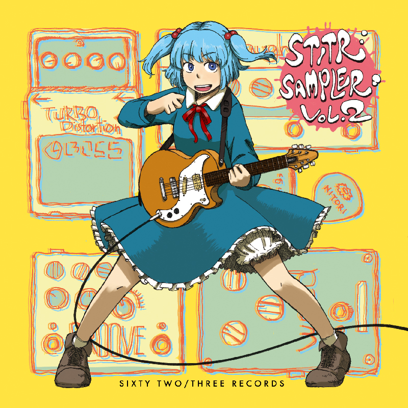 1girl arm_up bloomers blue_eyes blue_hair character_name dress effects_pedal electric_guitar fender guitar hair_bobbles hair_ornament instrument kawashiro_nitori long_sleeves looking_at_viewer maru8_a_go_go musical_instrument no_hat no_headwear open_mouth ribbon short_hair short_twintails skirt skirt_set smile socks solo standing touhou twintails underwear whammy_bar