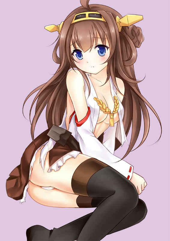 1girl ahoge ass blue_eyes blush boots brown_hair detached_sleeves double_bun hairband japanese_clothes kantai_collection kongou_(kantai_collection) long_hair nikoo panties personification skirt solo thigh_boots thighhighs underwear white_panties