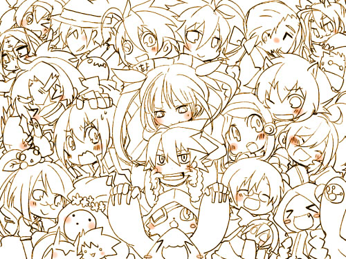 ahoge animal_ears animal_hood arakune blazblue blush carl_clover cat_hood chibi doll everyone eyepatch glasses hakumen hazama hood iron_tager jubei_(blazblue) kokonoe kuro_yuzu lambda-11 litchi_faye_ling lowres makoto_nanaya monochrome mu-12 multiple_boys multiple_girls nirvana noel_vermillion nu-13 platinum_the_trinity rachel_alucard ragna_the_bloodedge shishigami_bang taokaka tsubaki_yayoi valkenhayn_r_hellsing