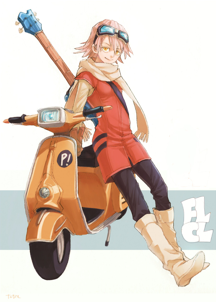 1girl artist_request copyright_name flcl goggles guitar haruhara_haruko highres instrument moped pink_hair scarf solo yellow_eyes