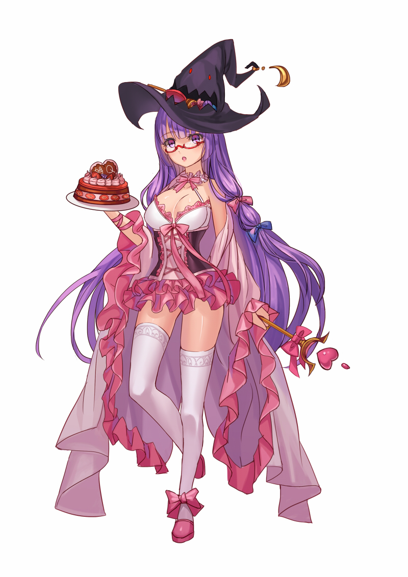 1girl alternate_costume bespectacled breasts cake candy choker cleavage corset food glasses hat large_breasts long_hair looking_at_viewer mio-muo1206 patchouli_knowledge purple_hair red-framed_glasses semi-rimless_glasses simple_background skirt solo thighhighs touhou under-rim_glasses violet_eyes wand white_background white_legwear witch_hat zettai_ryouiki
