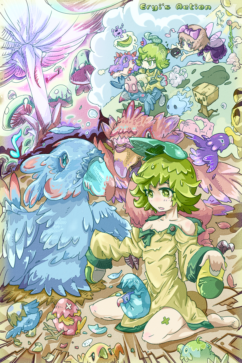 &gt;:3 :3 ahoge bare_shoulders bow brown_hair character_request copyright_name croco_(eryi's_action) egg english eryi eryi's_action fairy fairy_wings farta flagpole food frog fruit green_eyes green_hair hair_bow hatching highres leaf melon monster mushroom musical_note open_mouth shoes_removed short_hair sleeves_past_wrists sparkle tagme thought_bubble torn_clothes ufo violet_eyes wings yanagi_yagiaji