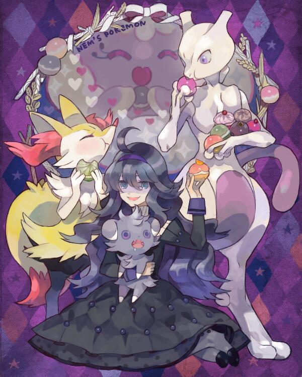 1girl ahoge black_hair braixen dress eating espurr hairband hex_maniac_(pokemon) jellicent mewtwo nishihara_isao pokemon pokemon_(creature) pokemon_(game) pokemon_xy violet_eyes