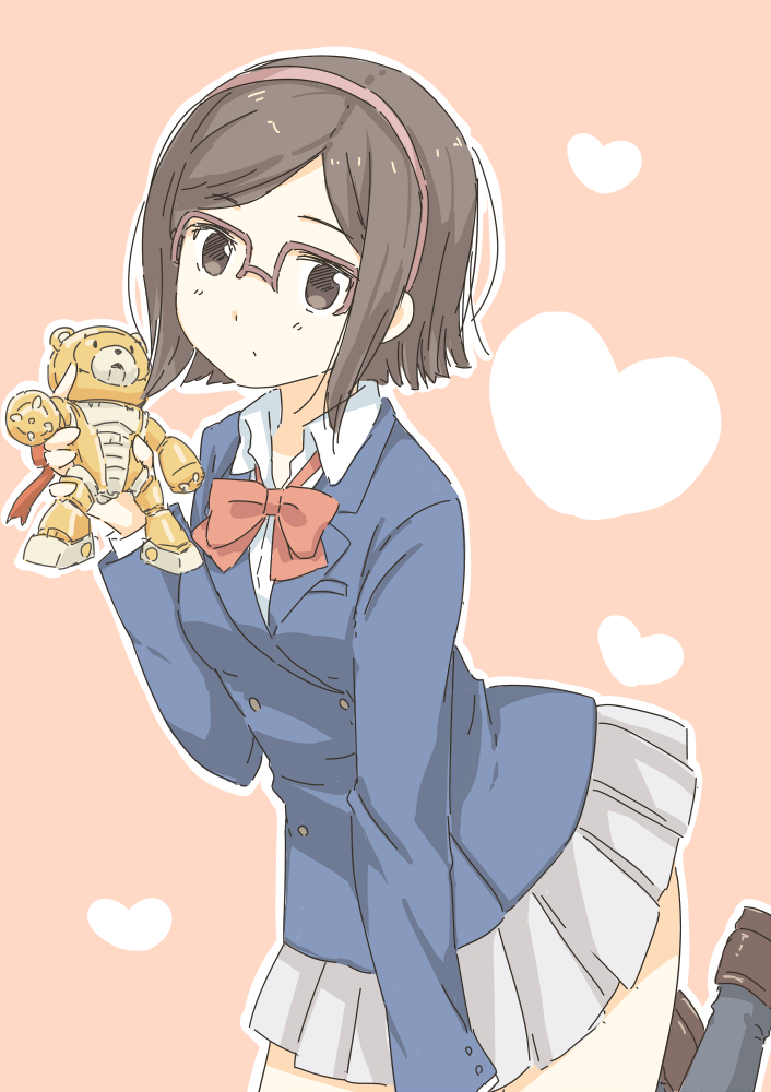 1girl beargguy_iii blazer blush breasts brown_eyes brown_hair glasses gundam gundam_build_fighters gunpla hairband kousaka_china nikotamu ribbon semi-rimless_glasses short_hair skirt solo