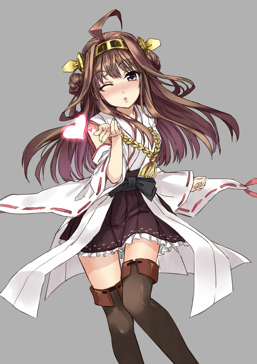 1girl ahoge blown_kiss blush boots brown_hair detached_sleeves double_bun hairband heart highres hika_(cross-angel) japanese_clothes kantai_collection kongou_(kantai_collection) long_hair personification simple_background skirt solo thigh_boots thighhighs violet_eyes wide_sleeves wink zettai_ryouiki