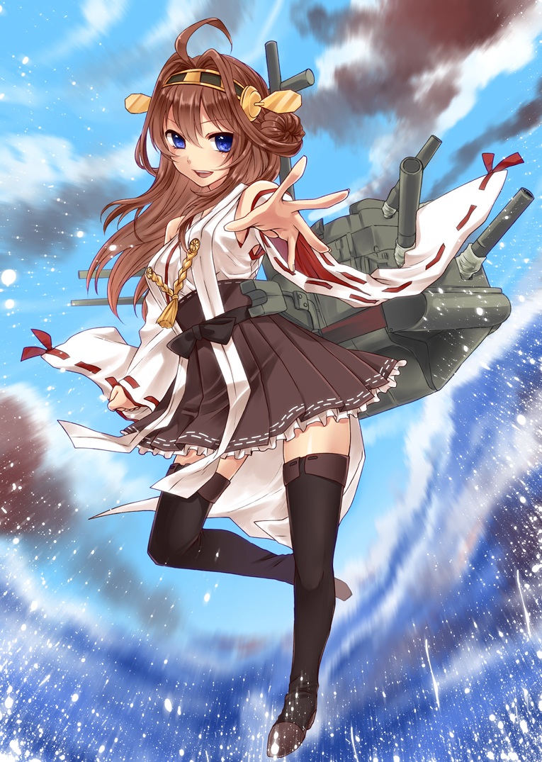 1girl ahoge bare_shoulders black_legwear blush boots brown_hair cannon detached_sleeves double_bun hair_ornament hairband headgear japanese_clothes kantai_collection kongou_(kantai_collection) long_hair nontraditional_miko open_mouth personification skirt smile solo thigh_boots thighhighs turret water yayoi_(egoistic_realism)