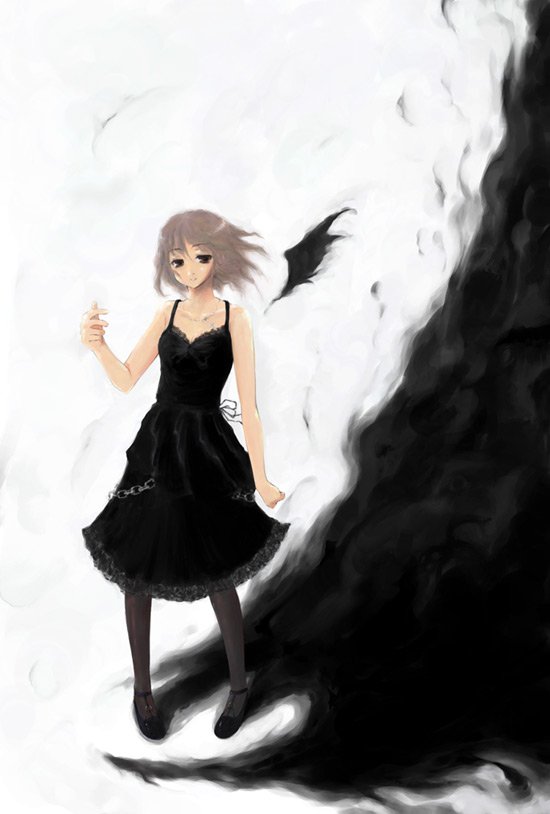 1girl black_dress black_wings chain copyright_request darkness dress full_body looking_at_viewer pantyhose pigeon-toed shoes short_hair single_wing solo standing travo wings