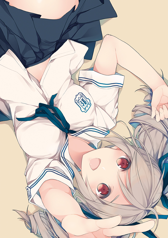 1girl :d drill_hair grey_hair hair_ribbon idolmaster idolmaster_cinderella_girls kanzaki_ranko long_hair lying mzyk open_mouth outstretched_arm red_eyes ribbon school_uniform skirt smile solo twin_drills twintails upside-down