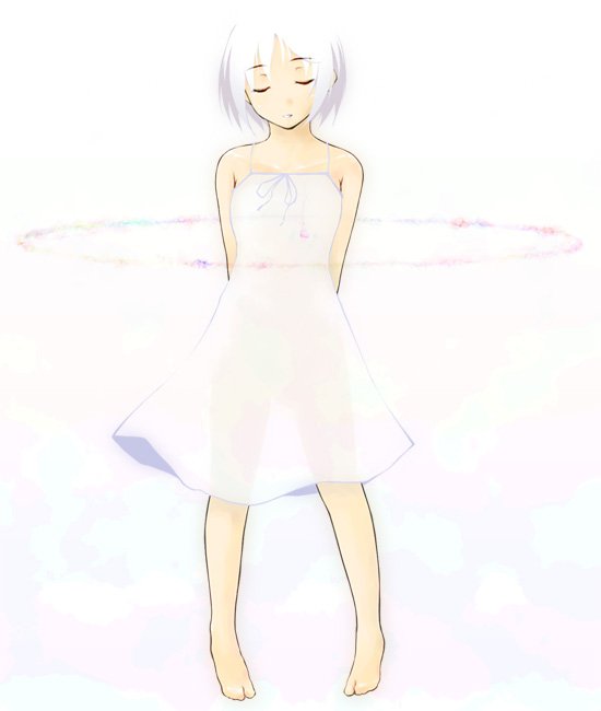 1girl arms_behind_back circle closed_eyes copyright_request dress full_body see-through short_hair solo standing travo white white_hair