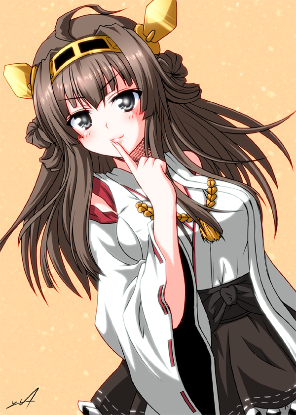 1girl ahoge bare_shoulders black_eyes blush brown_hair detached_sleeves double_bun finger_to_mouth haru-yua kantai_collection kongou_(kantai_collection) long_hair nontraditional_miko personification pleated_skirt skirt smile solo