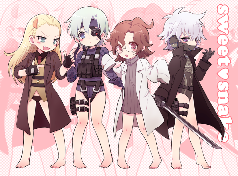 4girls 50yen :d barefoot blue_eyes blush_stickers brown_eyes brown_hair character_request chibi coat copyright_name english eyepatch fang fingerless_gloves forehead genderswap glasses gloves green_eyes hair_ornament hal_emmerich headband labcoat long_hair looking_at_viewer metal_gear_solid metal_gear_solid_4 multiple_girls necktie open_mouth panties pigeon-toed pointing raiden sleeves_past_wrists smile solid_snake sweatdrop tagme turtleneck underwear zoom_layer