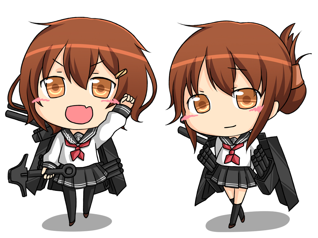 2girls blush brown_hair chibi fang hair_ornament hairclip hirasawa_yuu ikazuchi_(kantai_collection) inazuma_(kantai_collection) kantai_collection kneehighs long_sleeves multiple_girls neckerchief school_uniform serafuku thighhighs