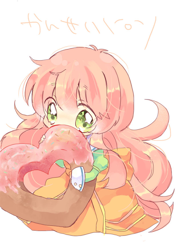 1girl chibi doughnut dress green_eyes heart hiding jinrui_wa_suitai_shimashita long_hair long_sleeves looking_at_viewer messy_hair orange_dress pink_hair ppppa shy solo sprinkles watashi_(jintai)