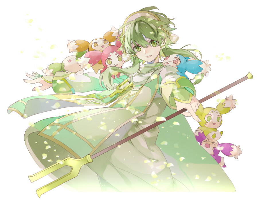 &gt;_&lt; 1boy :o androgynous bangs creature green_eyes green_hair hair_tubes hairband hoshi_ataru ion jewelry long_hair long_sleeves looking_at_viewer male necklace open_mouth petals pointing robe smile solo staff tales_of_(series) tales_of_the_abyss tassel twintails white_background wind