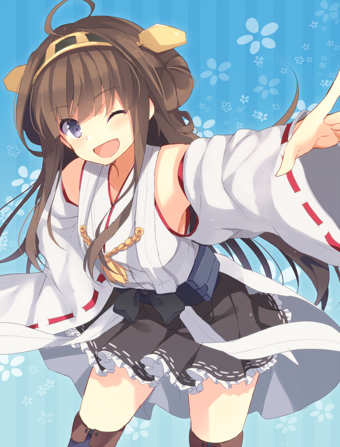 1girl ahoge bent_over brown_hair grey_eyes hair_ornament japanese_clothes kantai_collection kongou_(kantai_collection) long_hair long_sleeves looking_at_viewer marotti miko open_mouth smile solo thighhighs very_long_hair wide_sleeves wink zettai_ryouiki