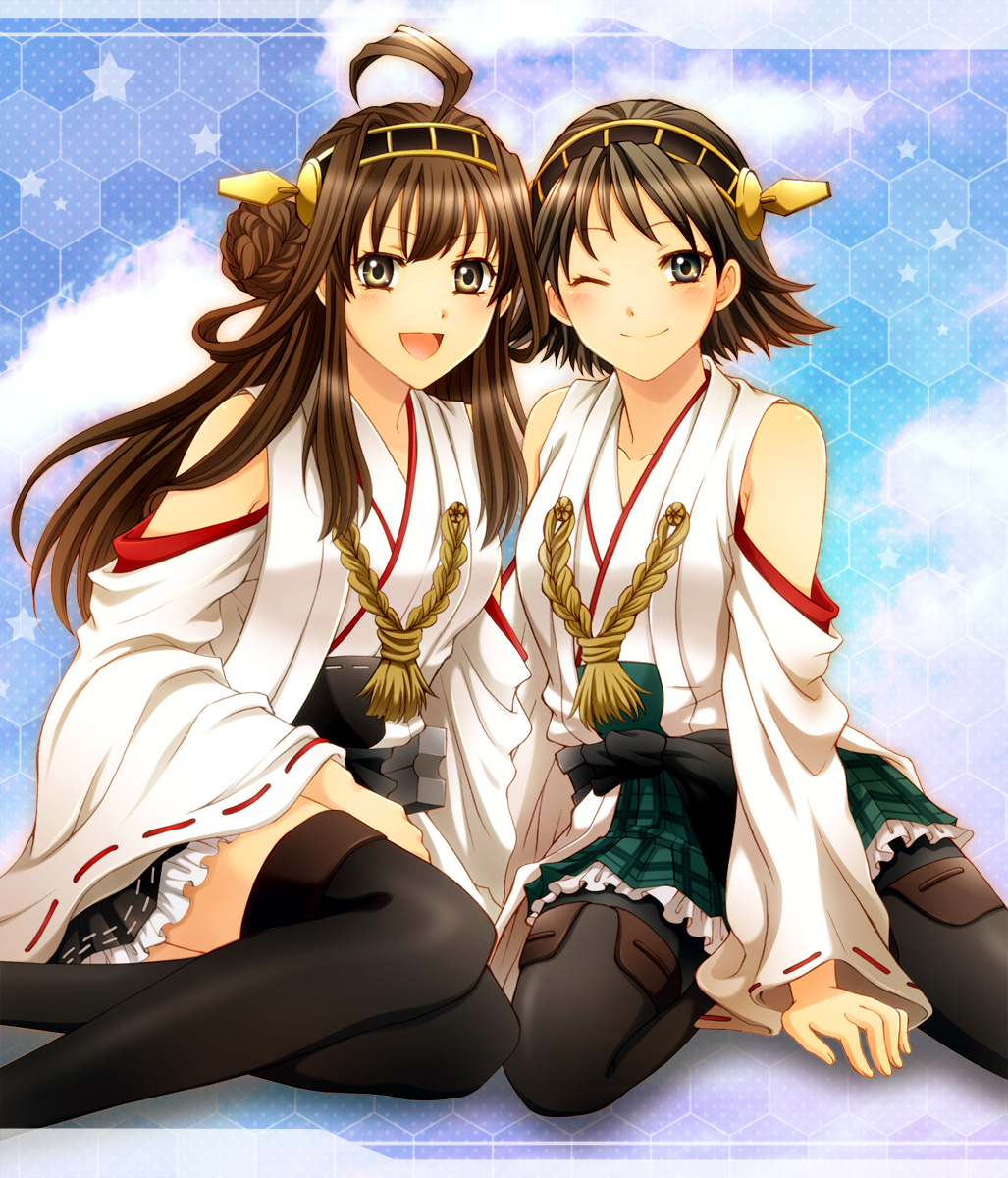 2girls ahoge black_eyes braid brown_eyes brown_hair detached_sleeves hairband hiei_(kantai_collection) highres japanese_clothes kantai_collection karuta410 kongou_(kantai_collection) multiple_girls nontraditional_miko open_mouth personification siblings sisters sitting smile thighhighs wink