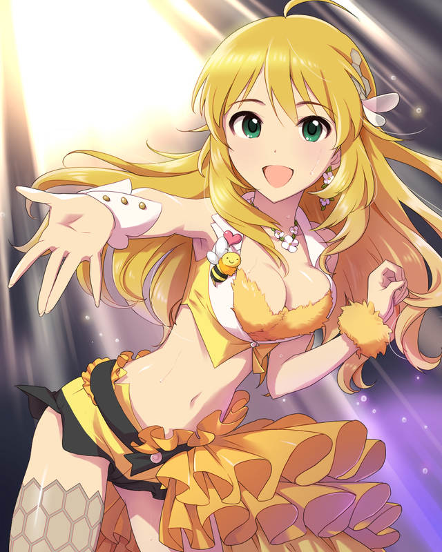 1girl :d ahoge bee beehive blonde_hair breasts cleavage green_eyes hoshii_miki idolmaster idolmaster_cinderella_girls long_hair midriff official_art open_mouth smile star thighhighs